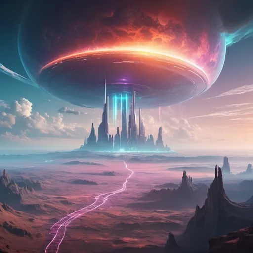 Prompt: (sci-fi skybox), futuristic environment, ethereal atmosphere, vibrant color palette, glowing elements, architectural structures, otherworldly clouds, high-tech landscapes, cosmic horizons, dynamic lighting effects, ultra-detailed, immersive experience, digital art, tranquility paired with innovation, expansive views, imaginative visuals, 4K resolution.