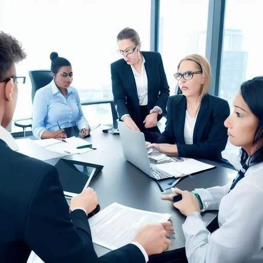 Prompt: hyper realistic stock photo of a small business team facing a legal issue
