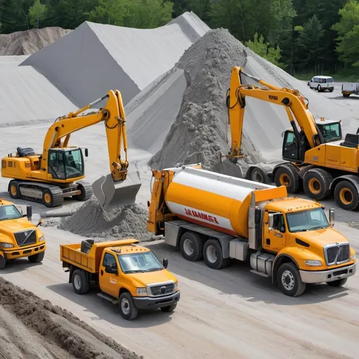 Prompt: A picture containing all the following: a cement truck, a bulldozer, a crane, a backhoe, a truck, a jackhammer 