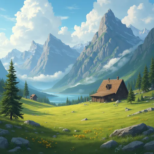 Prompt: There are giant mountains surrounding the village. THe village has grassy flat fields. There are massive houses and they have triangles for the roofs. One house is as big as a school and it is brown. The houses have triangle shaped roofs. You hear the cold wind blowin and the birds chirping. In the village there are farms  and people hunt for food. Familles with kids, cousins and friends live there. 

