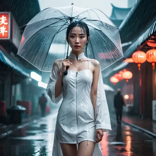 Prompt: A Chinese woman in a white dress stands in the rain with an umbrella.In fantasy cyberpunk style