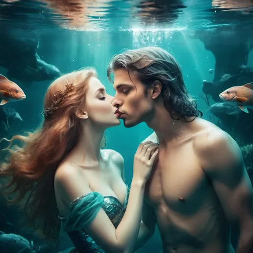 Prompt: A beautiful siren kisses a handsome young man under water.In fantasy style.