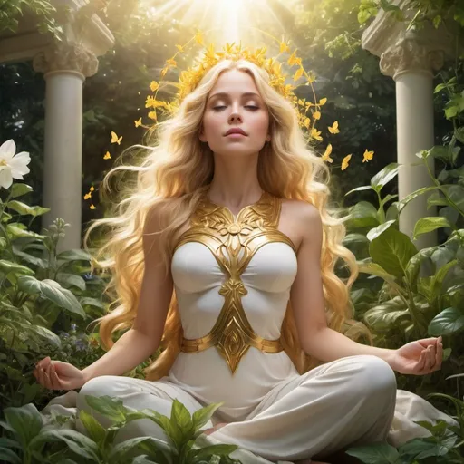 Prompt: A beautiful, golden-haired goddess with the power to control plants, sitting in a beautiful garden in heaven.