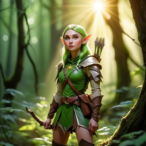 Prompt: Elf ranger in a mystical forest around sunlight