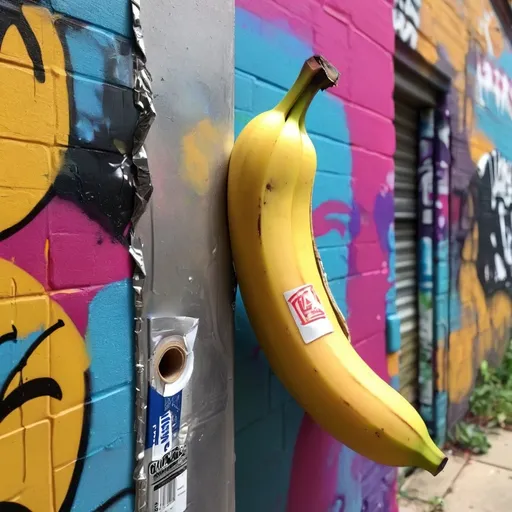 Prompt: Duct taped banana on graffiti wall 