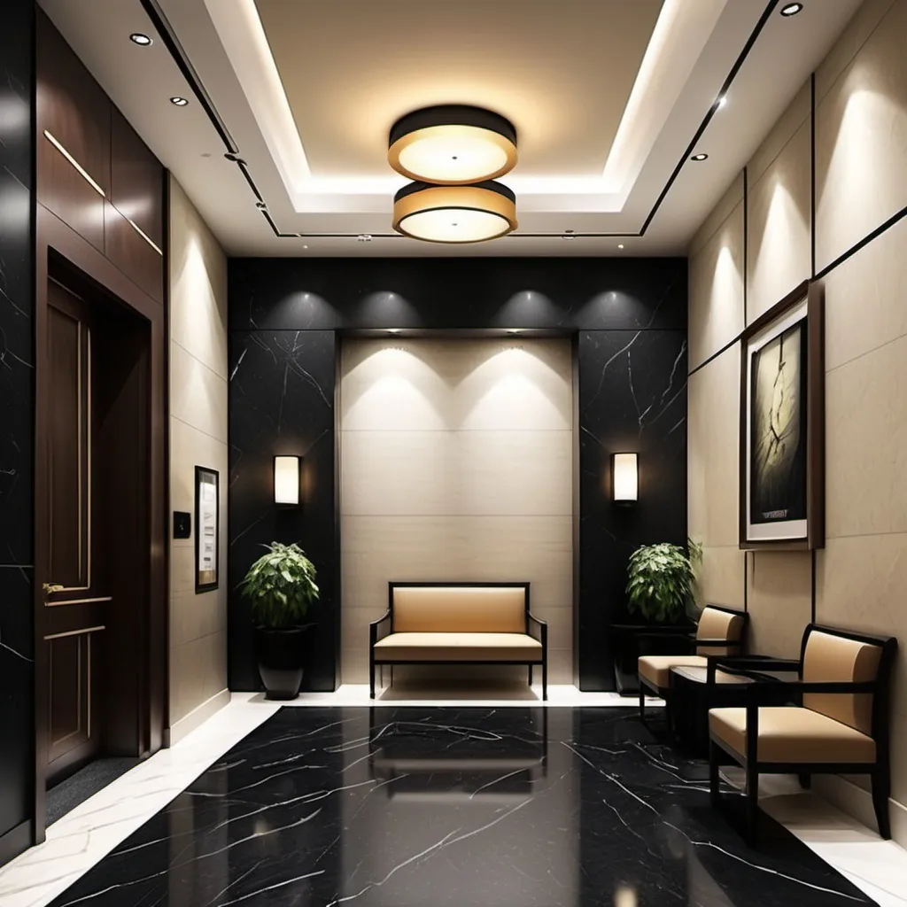 Prompt: "Design a modern lobby. The lobby entrance is 3x3 meters, and it then widens 2 meters to the right, creating a 5x5 meter space. Use black stone for the floor and walls, with ceiling lighting. The ceiling color should be white, and add a 20 cm cream stone molding along the bottom of the walls. Provide a picture of the design as well."