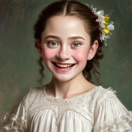 Prompt: Baroque-style portrait of a 10-year-old girl, smiling without teeth, natural lighting, high quality, white wedding dress, black hair, brown eyes, green background, impressionism, detailed features, joyful expression, soft brushstrokes, classic art, elegant composition