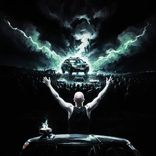 Prompt: A Dark photo for a song like thunderdome, while making a inamge with fire, cars, and a person with a bald head 