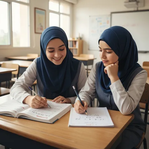 Prompt: الشخصيات:
• ليلى: طالبة مجتهدة ونشيطة، ترتدي حجابًا وزيًا مدرسيًا محتشمًا.
• سارة: طالبة ذكية ولكنها تحتاج أحيانًا للمساعدة في بعض المفاهيم، ترتدي حجابًا وزيًا مدرسيًا محتشمًا.
(تبدأ الحصة، تجلس ليلى وسارة في مقعدين متجاورين في الصف. تفتح سارة كتابها وتنظر إلى تمرين يبدو صعبًا عليها)
سارة (بتنهيدة خفيفة): يا ليلى، هل تتذكرين كيف كنا نضرب الأعداد العشرية؟ أشعر أنني نسيت بعض الخطوات، وخاصة عندما يكون أحد الأعداد عددًا صحيحًا.
ليلى (تبتسم وتشير إلى الكتاب): طبعًا يا سارة! الأمر أسهل مما تتخيلين. دعيني أشرح لكِ خطوة بخطوة. لنأخذ هذا المثال: "اوجدي ناتج 2.3 × 4".
سارة (تعدل جلستها بانتباه): حسناً، أنا أستمع.
ليلى: أولاً، تخيلي أن الفاصلة العشرية غير موجودة مؤقتًا. فماذا يصبح العدد 2.3؟
سارة: سيصبح 23.
ليلى: أحسنتِ! والآن، اضربي 23 في 4 بشكل عادي، كما لو كنتِ تضربين عددين صحيحين.
سارة (تفكر قليلاً ثم تحسب بصمت): 23 ضرب 4... 3 ضرب 4 يساوي 12، و 2 ضرب 4 يساوي 8، ونضيف الواحد... فيصبح الناتج 92.
ليلى (تهز رأسها موافقة): ممتاز! هذا هو الجزء الأهم. الآن، نعود للفاصلة العشرية. في العدد الأصلي (2.3)، كم عدد الأرقام بعد الفاصلة العشرية؟
سارة (تنظر إلى 2.3): هناك رقم واحد فقط بعد الفاصلة، وهو الثلاثة.
ليلى: بالضبط! إذن، في الناتج الذي حصلنا عليه (92)، يجب أن نضع الفاصلة العشرية بحيث يكون هناك نفس عدد الأرقام بعد الفاصلة. بما أن هناك رقمًا واحدًا بعد الفاصلة في العدد الأصلي، يجب أن يكون هناك رقم واحد بعد الفاصلة في الناتج.
سارة (تفكر قليلاً ثم تضع إصبعها على العدد 92): آه... إذن أضع الفاصلة قبل الرقم الأخير، ليصبح 9.2؟
ليلى (بفرح): نعم! بالضبط هكذا! إذن، 2.3 × 4 = 9.2. فهمتِ الفكرة؟
