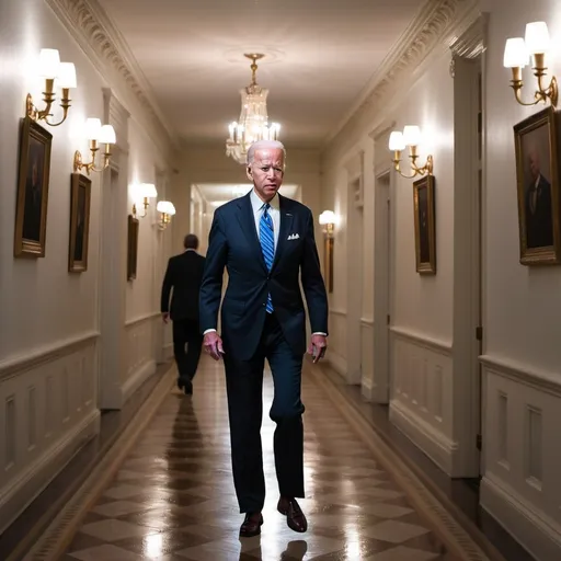 Prompt: Realistic photo of a bewildered Joe Biden wandering the white house halls at night