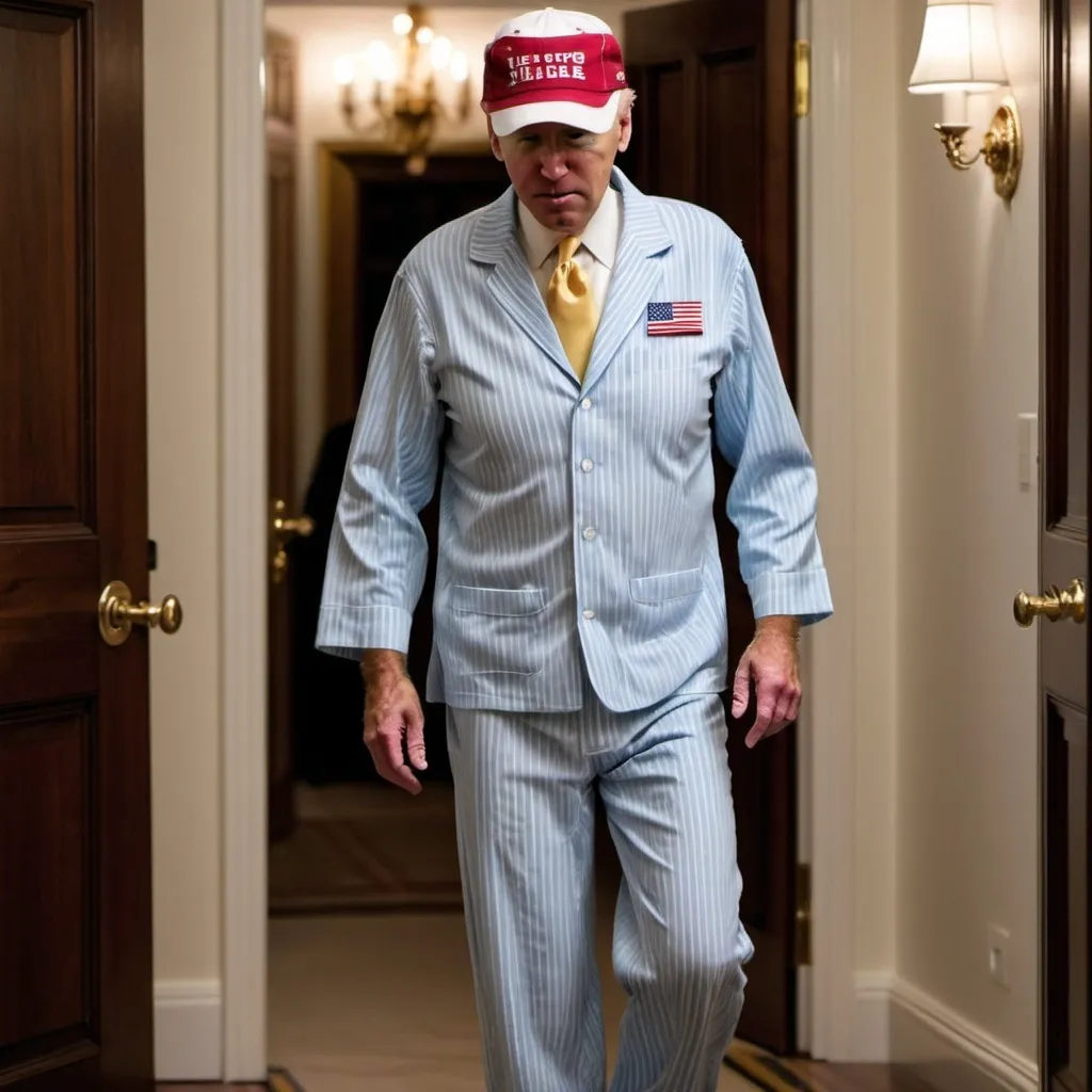 Prompt: Realistic photo of a bewildered Joe Biden wandering the white house halls at night in revealing pajamas