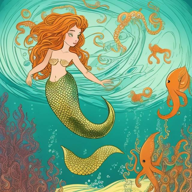 Prompt: Make an art noveau inspired image of a mermaid underwater, dragging a sailor below the waves. Include an orange octopus and school of yellow fish in the background. Give the mermaid long, flowing brown hair, a green shiny tail. show a ship beginning to sink above the water in the background. 