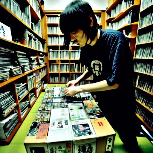 Prompt: A Japanese experimental Noise artist is packing a package full of Japanese Noise releases on CD and tape to be shipped for Noise archive The Nocturnal Library.