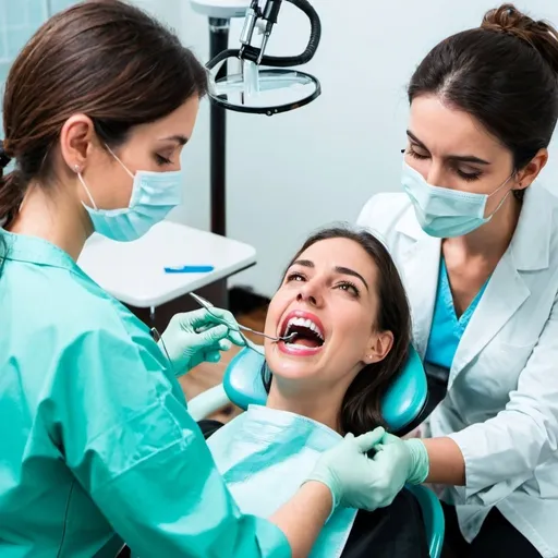 Prompt: Dentista mujer con una paciente que está sentada en la silla y está siendo atendida por la dentista