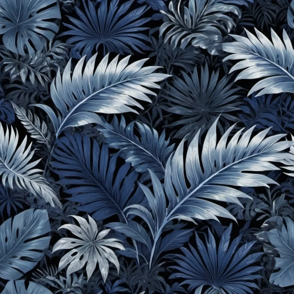 Prompt: Can you create a 2d design pattern with navy blue, blue, ethereal blue, black and silver tropical