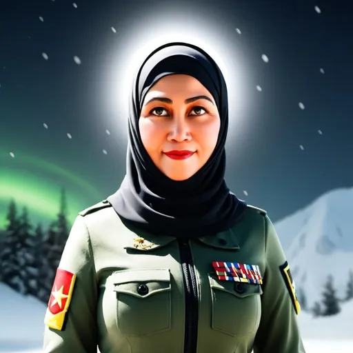 Prompt: 3d cartoon style of a woman in army uniform, with black hijab, smooth facial skin, smiling, half body, snowy winter with aurora blur background, eyes looking straight ahead