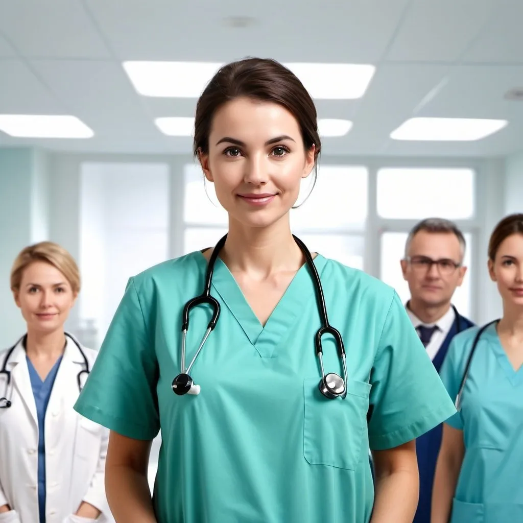 Prompt: generate images of doctors, nursies and technicians half  lokk hospital background

