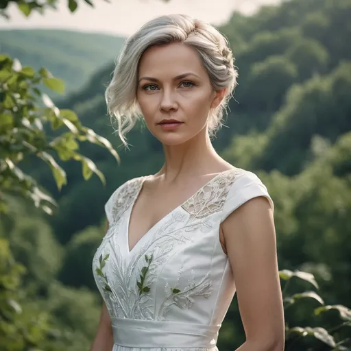 Prompt: photo of beautiful 35-45 years old slavic woman wearing a white dress, and has modern hair style, hyperrealistic, half body shot toward camera with nature backdrop, sharp focus, 8k high definition, insanely detailed, intricate, elegant, art by stanley lau and artgerm, bokeh foliage