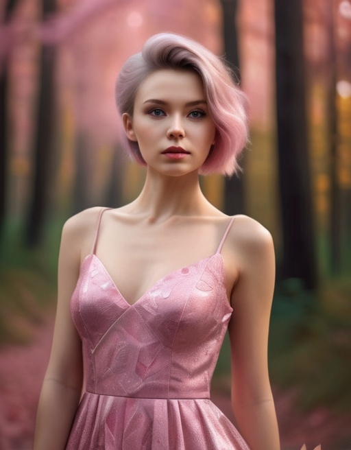 Prompt: photo of beautiful russian lady wearing a pink dress, and has modern hair style, hyperrealistic, full body shot toward camera with forest backdrop, sharp focus, 8k high definition, insanely detailed, intricate, elegant, art by stanley lau and artgerm, bokeh foliage