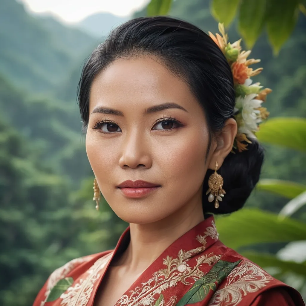 Prompt: photo of beautiful 35-45 years old indonesian woman wearing a traditional dress, and has modern hair style, hyperrealistic, half body shot toward camera with nature backdrop, sharp focus, 8k high definition, insanely detailed, intricate, elegant, art by stanley lau and artgerm, bokeh foliage