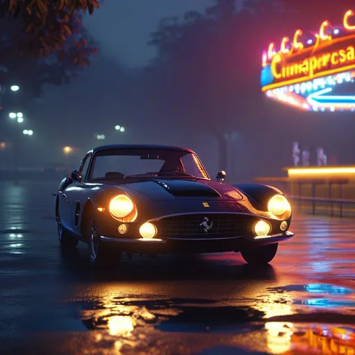 Prompt: A cinematograpic realistic picture of a old man in the middle of a parking zone. Is a very foggy night. On his right side the light of a roadside bar from the 80s with neon light can be seen through the fog. Behind him, his black Ferrari Testarossa with the lights on is pointing at him and directly to the camera.