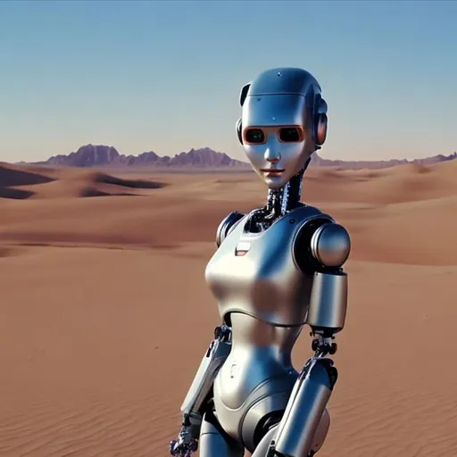 Prompt: Female robot in the dessert 