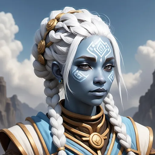 Prompt: An Air genasi trickery cleric, with light blue skin and white cloudy hair in a braid