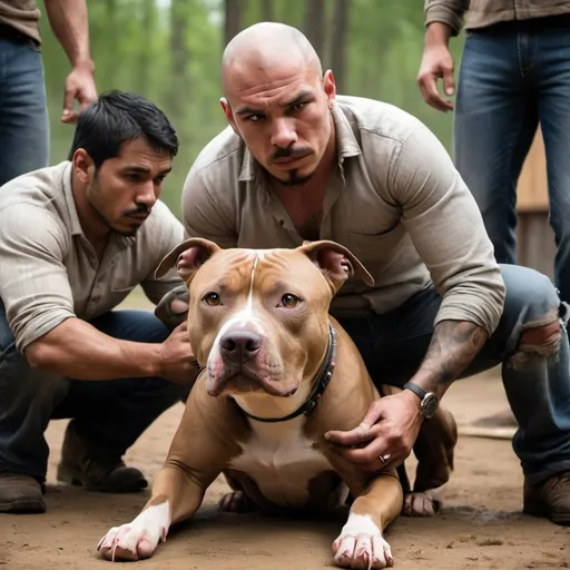 Prompt: Imagine an American Pit Bull Terrier displaying the typical ADBA standard, marked by robustness and defined characteristics. The dog has just come out of a fight and is visibly injured and covered in sweat, highlighting the intensity of the moment. The setting is a square enclosure made of rustic wood, evoking a combat arena. Around the enclosure, there are many men of various ethnicities, expressing a mix of concern and admiration for the dog. The atmosphere is tense and charged, with a clear focus on the exhausted and wounded dog at the center of the image.