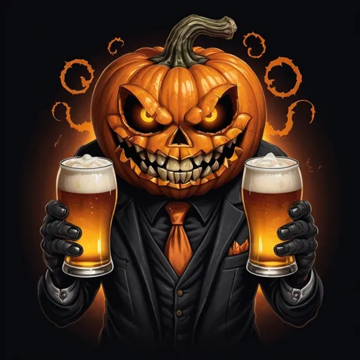 Prompt: illustration of a scary jackolantern pumpkin head with teeth and glowing eyes on a dark clothed body holding two beers with a solid black background