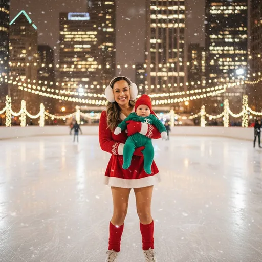 Prompt: Ultra-realistic 64K render, filmed on a crisp 85mm f/1.8 lens for creamy depth, soft winter bokeh, and glowing holiday ambience. It’s evening in Chicago, the city lights glittering against the icy rink, skyscrapers glowing with warm golden reflections, and Christmas lights strung everywhere — twinkling, shimmering, and sparkling off the ice.

The woman  and baby in her arms with hazel eyes glides gracefully across the rink, cheeks slightly flushed from the cold. She’s wearing a white  and red cute Santa  dress bodysuit layered underneath a red and white cropped sweater. She has on red chunky socks, softly scrunched around her ankles above her skates. Her accessories complete the luxe winter vibe — white fluffy Dior earmuffs, plush and elegant, framing her styled hair, and red form-fitted mittens that contour to her fingers. her baby in warm soft  green Chanel onesie with a bright red beanie. white gloves for his little hand 

Her expression is warm and joyful; she’s smiling naturally while skating, her movement smooth and effortless as she spins slightly or glides forward. Snowflakes drift in the air, catching the glow of Christmas lights, blending into a magical winter atmosphere against the Chicago skyline.