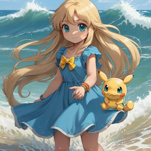 Prompt: cute girl,long  blonde hair,yellow eyes, blue dress, bracelets, playing in the waves, bow, with Squirtle