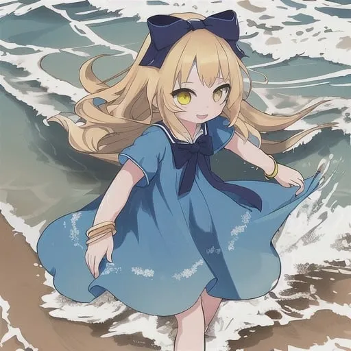 Prompt: cute girl,long  blonde hair,yellow eyes, blue dress, bracelets, playing in the waves, bow
