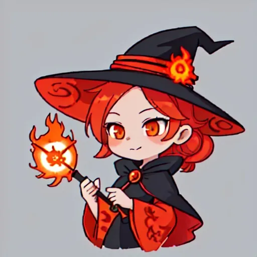 Prompt: fire Witch, color palette ember, lacy witch hat and witch outfit ember colored with clouds and fire pattern, wand topped with a flame, best quality, masterpiece, background in a circle of fire
