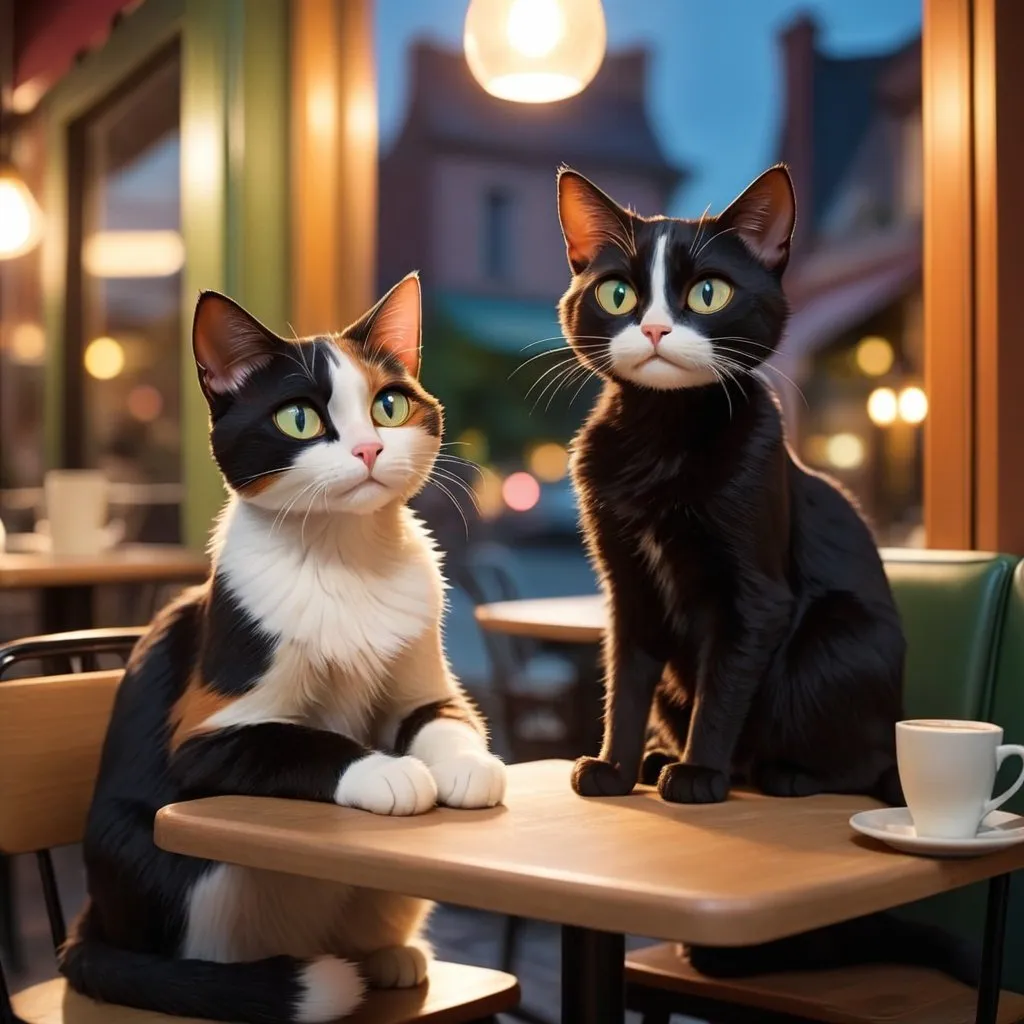 Prompt: Generate an image depicting Thea and Milo, two cats, sitting together in a brightly lit cafe during the night. The cafe should have a cozy atmosphere with warm lighting, and Thea and Milo should be seated at a corner table. Thea, a calico cat, sits upright with a thoughtful expression, while Milo, a sleek black cat, lounges beside her. The scene should convey a sense of companionship and tranquility, with a hint of the nocturnal world outside the cafe's windows. Keep the composition clear and focused on Thea and Milo, capturing the essence of their friendship and the serene ambiance of the cafe.