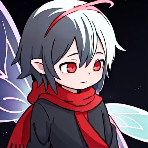 Prompt: Detailed anime illustration of a fairy boy, black clothing with red scarf, colorful wings, suburban city setting, detailed character designs, vibrant and ethereal, highres, anime, mystical, detailed clothing, colorful, atmospheric lighting