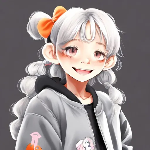 Prompt: Anime style. A 12 year old girl. Silvery blond hair in low pigtails,  grey eyes, cheery smile. Wears a black shirt and grey bomber jacket. The background is soft orange.