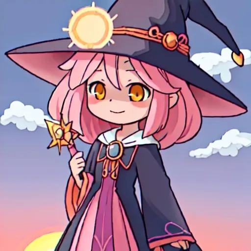 Prompt: sky Witch, colors are sunset-themed, lacy witch hat and witch outfit sunset colored with clouds and sun pattern, wand topped with a cloud, best quality, masterpiece, background in the sky
