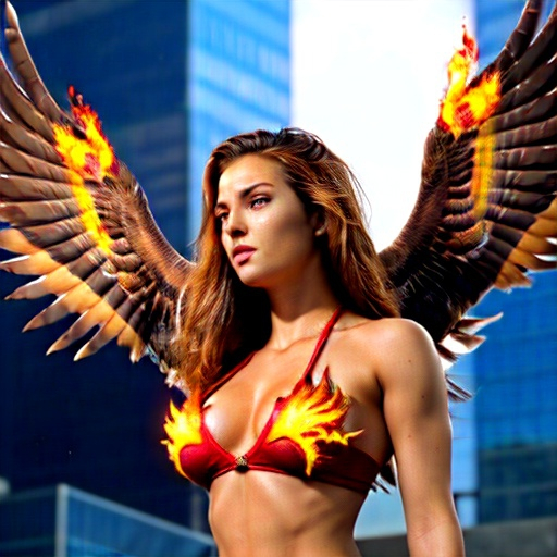 Prompt: synergy of flames that made up a strong chest out female phoenix elegant but strong  hawk or eagle crossbreed 