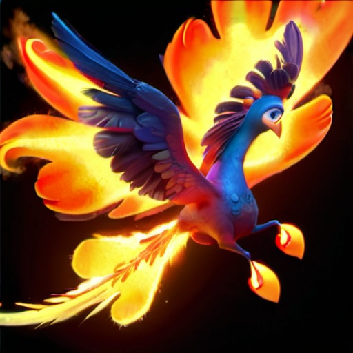 Prompt: Flaming bright engulfed Phoenix left profile in flight 