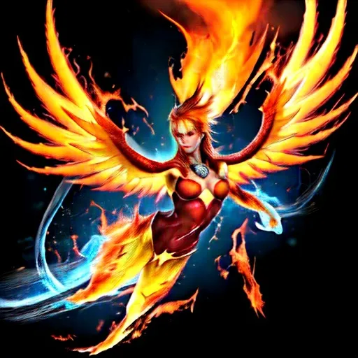 Prompt: synergy of flames that made up a strong chest out female phoenix elegant but strong 