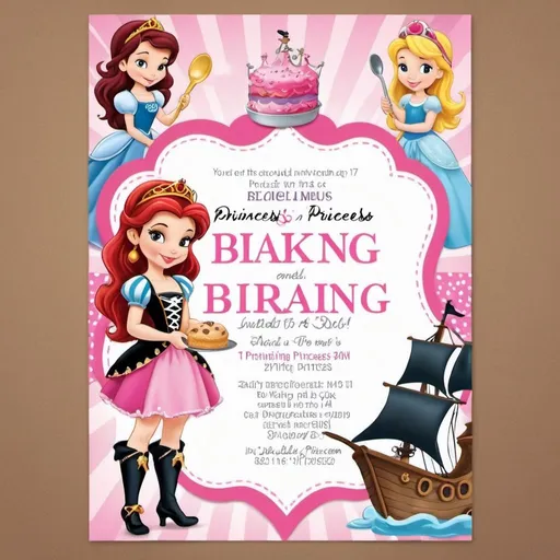 Prompt: Create a party invitation for a 4 year old girl's party that is themed Princesses and Pirates baking party. The style should be Disney Princesses and the pirates should be cartoon style as well. There should be a pirate boat as well as a 2 or 3 little pirates on the invitation, whilst the main theme should be princesses and include 3 or 4 princesses.  One princess needs to have blonde hair and be holding a baking bowl and spoon. There should be assorted baking related images on the invitation too. 