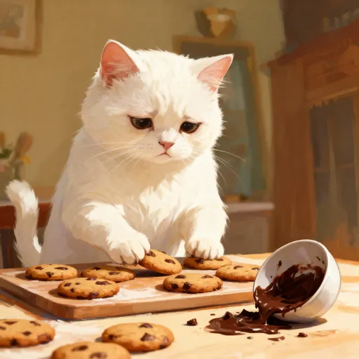 Prompt: White cat making cookies and the bowl of chocolate fall look sad but continue to finish making the cookies for family 