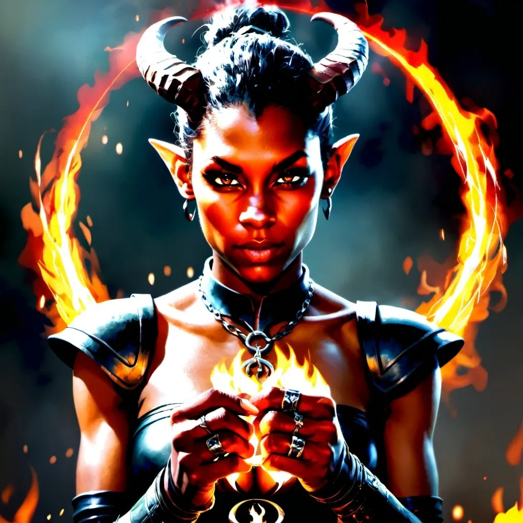 Prompt: a woman with horns and a ring on her hand with flames in her hands and a ring on her hand, Clint Cearley, fantasy art, magic the gathering artwork, concept art