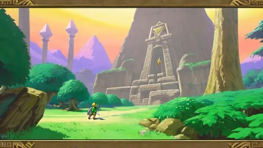 Prompt: a large ancient portal .Integrate the name "The Zelda Nexus" into the design, as part of the portal. From within the portal, iconic symbols from the Zelda universe spill out, such as the Triforce,  and rupees. Position Link near the portal, poised and ready . Frame the portal with ethereal mist, and in the background, include glimpses of different Zelda areas like the Temple of Time, and the Twilight Realm.