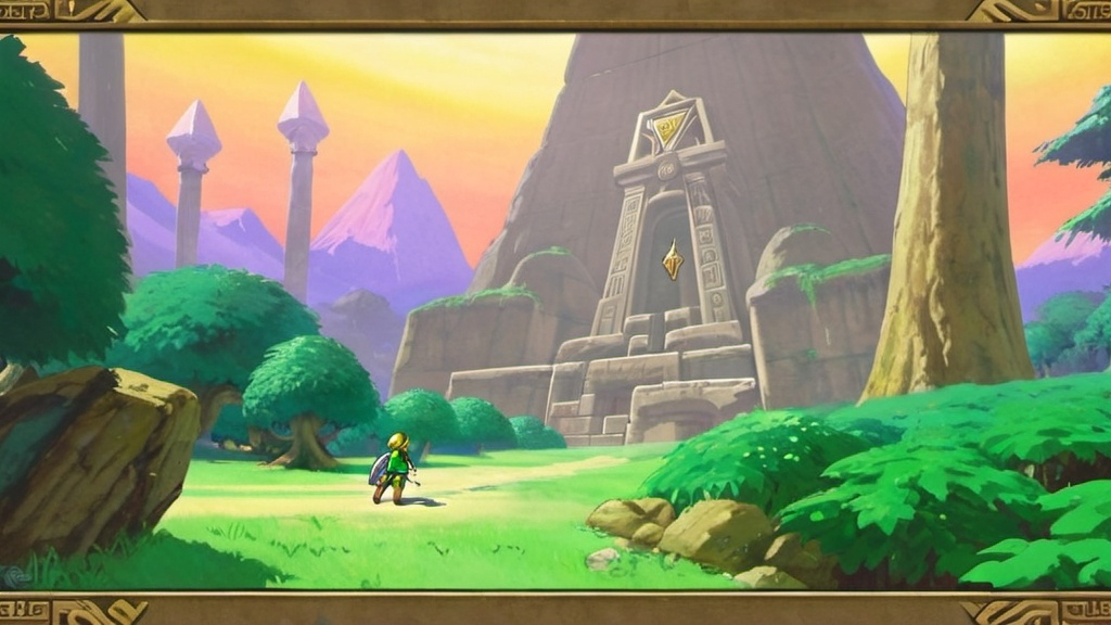 Prompt: a large ancient portal .Integrate the name "The Zelda Nexus" into the design, as part of the portal. From within the portal, iconic symbols from the Zelda universe spill out, such as the Triforce,  and rupees. Position Link near the portal, poised and ready . Frame the portal with ethereal mist, and in the background, include glimpses of different Zelda areas like the Temple of Time, and the Twilight Realm.