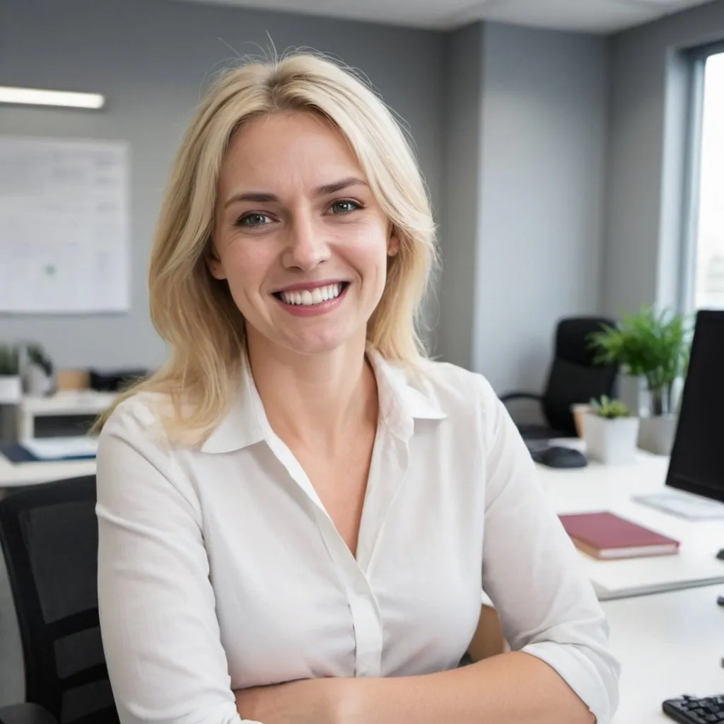 Prompt: A white woman with blond hair in the office with a HAPPY WITH NO PAIN
