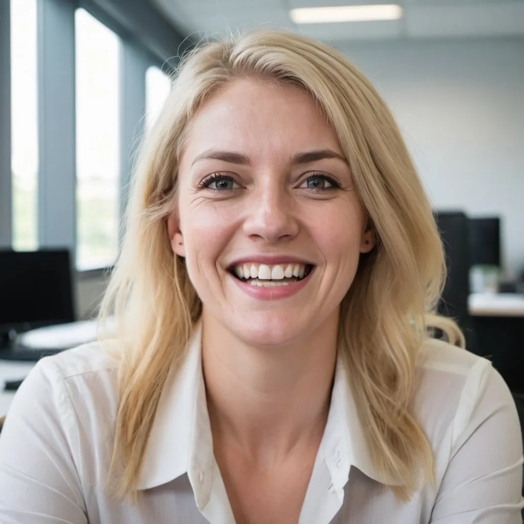 Prompt: A white woman with blond hair in the office with a HAPPY WITH NO PAIN
