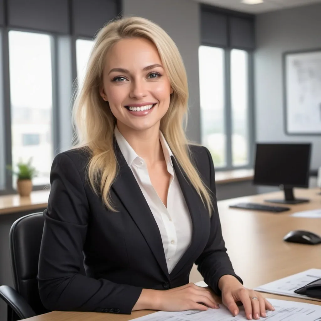 Prompt: Blond woman, fancy office, happy expression, professional attire, luxurious decor, natural lighting, high quality, realistic, joyful atmosphere