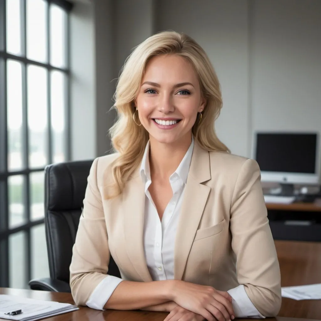 Prompt: Blond woman, fancy office, happy expression, professional attire, luxurious decor, natural lighting, high quality, realistic, joyful atmosphere