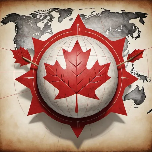 Prompt: Canadian maple leaf target sphere, arrow over world map, detailed paint texture, highres, globe design, target for arrow, red maple leaf, global concept, accurate aim, symbolic, world map background, detailed sphere, focus on accuracy, best quality, highres, detailed, global concept, intense focus, precise aim, symbolic, realistic world map, accurate target